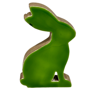 Wooden Bunny Figurine w/Green Enamel 6"