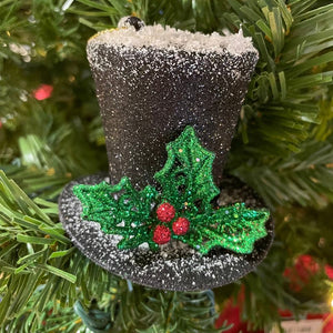 Orn. Top Hat Glitter Holly 2.5"