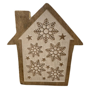 Wooden House w/Snowflakes 7.75"