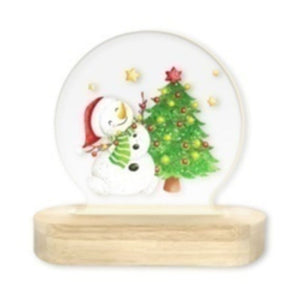 Wood/Glass Snowman & Tree LED
