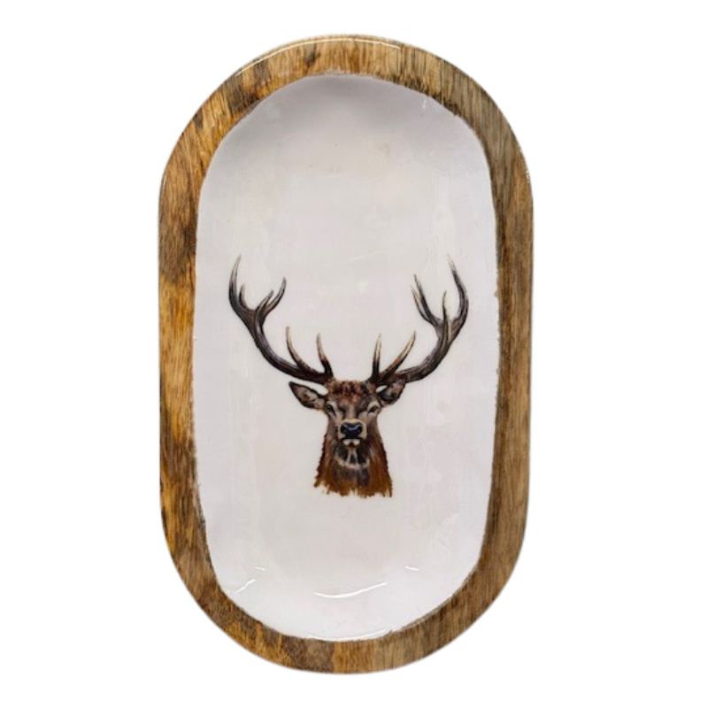 Wooden Tray with Reindeer White Enamel 10