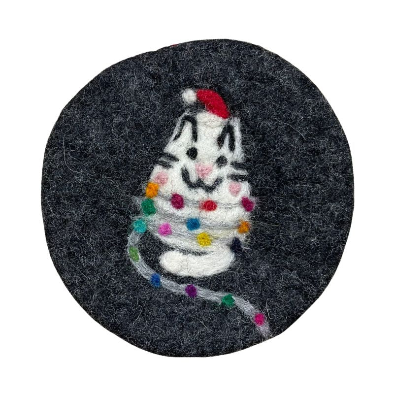 Cat w/Lights Dark Grey Felt Coaster