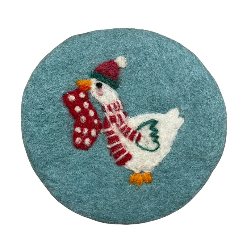 Goose w/Stocking Light Blue Felt Coaster