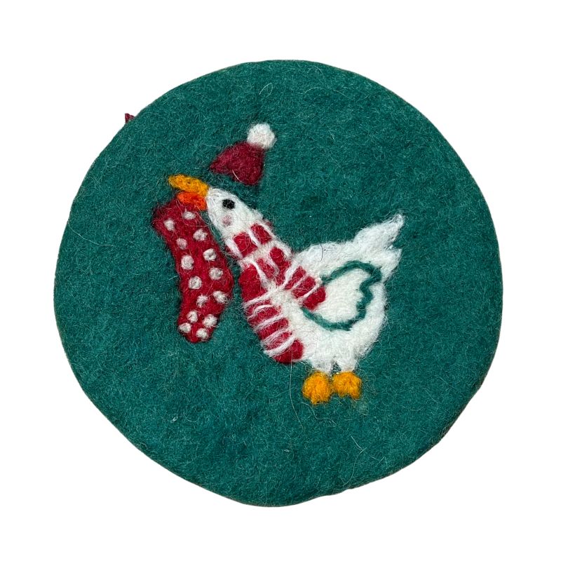 Goose w/Stocking Dark Aqua Felt Coaster
