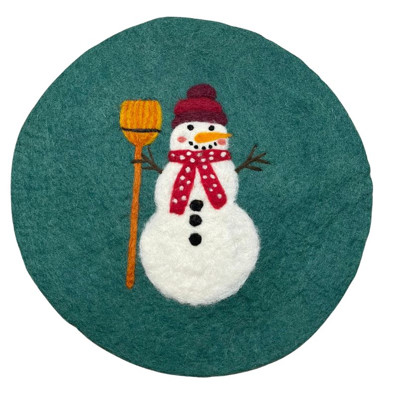 Snowman w/Broom Aqua Felt Placemat 14