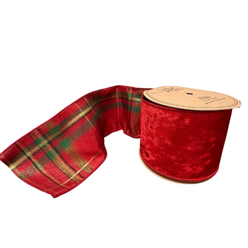 Tartan & Red Velvet Double Sided Ribbon 25ft