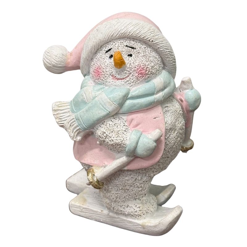 Pastel Snowman on Skis Figurine