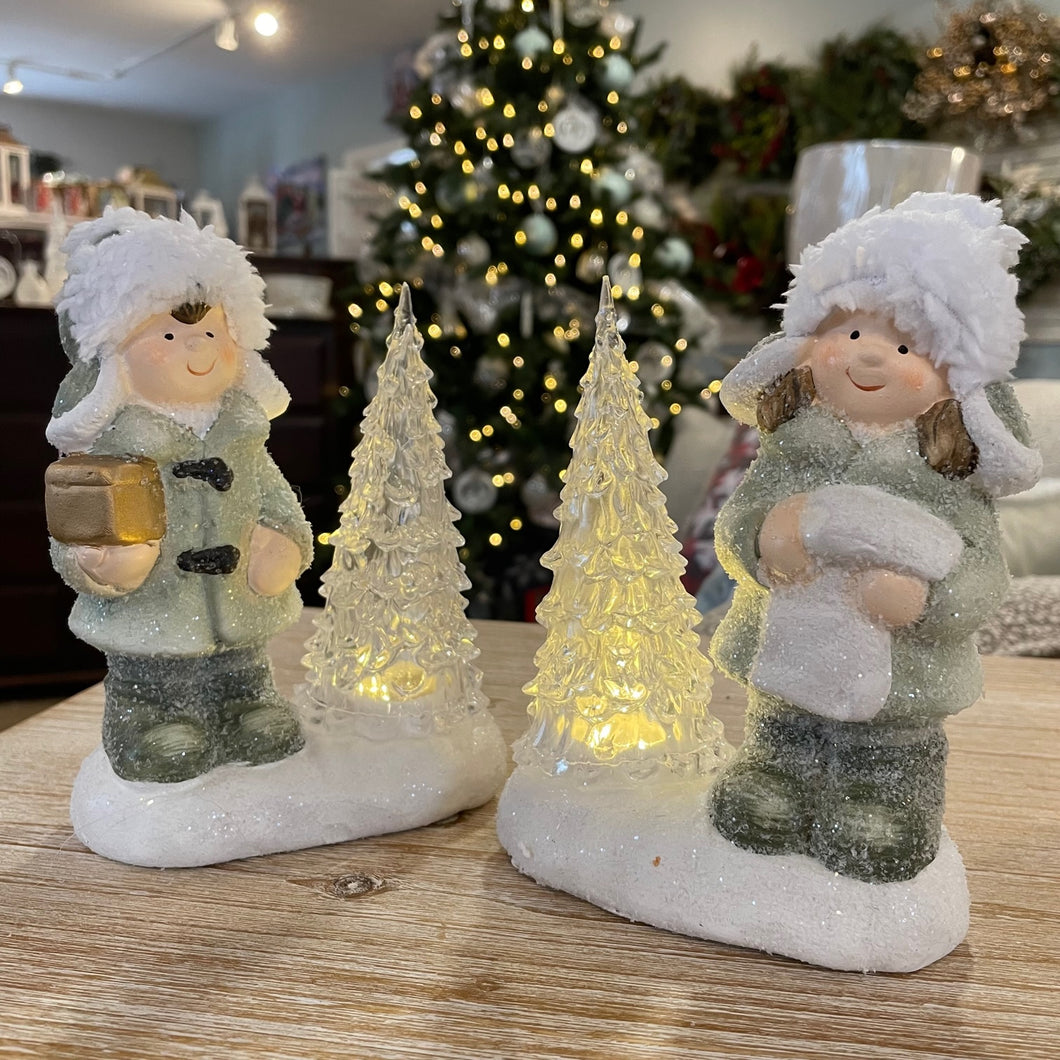 Children Snowball w/Tree LED Set/2 Figurines