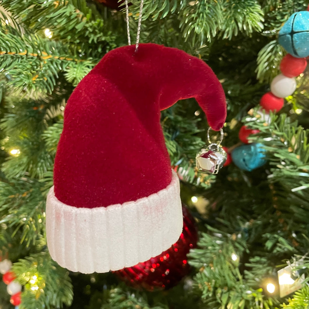 Red/White Flocked Santa Hat Ornament 3.5