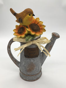 Figurine Watering Can W/ Bird & Sunflowers